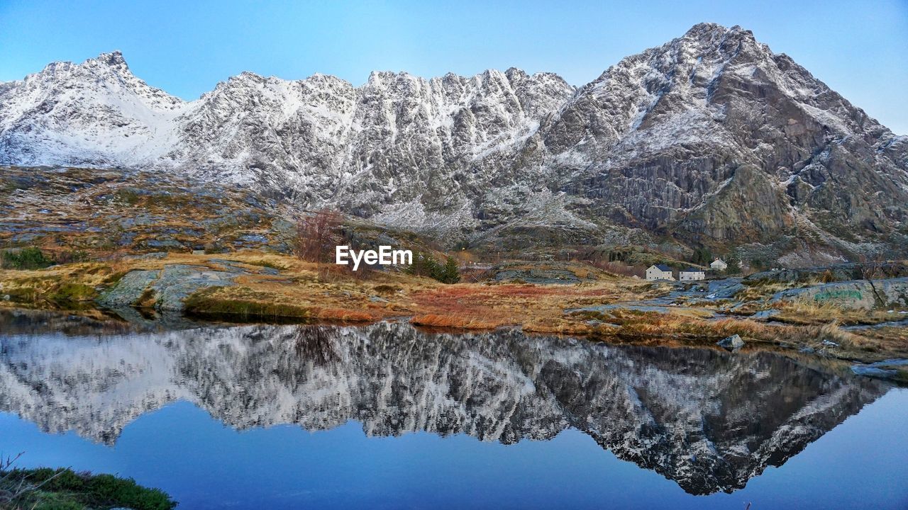 Scenic view of snow covered mountains against clear sky