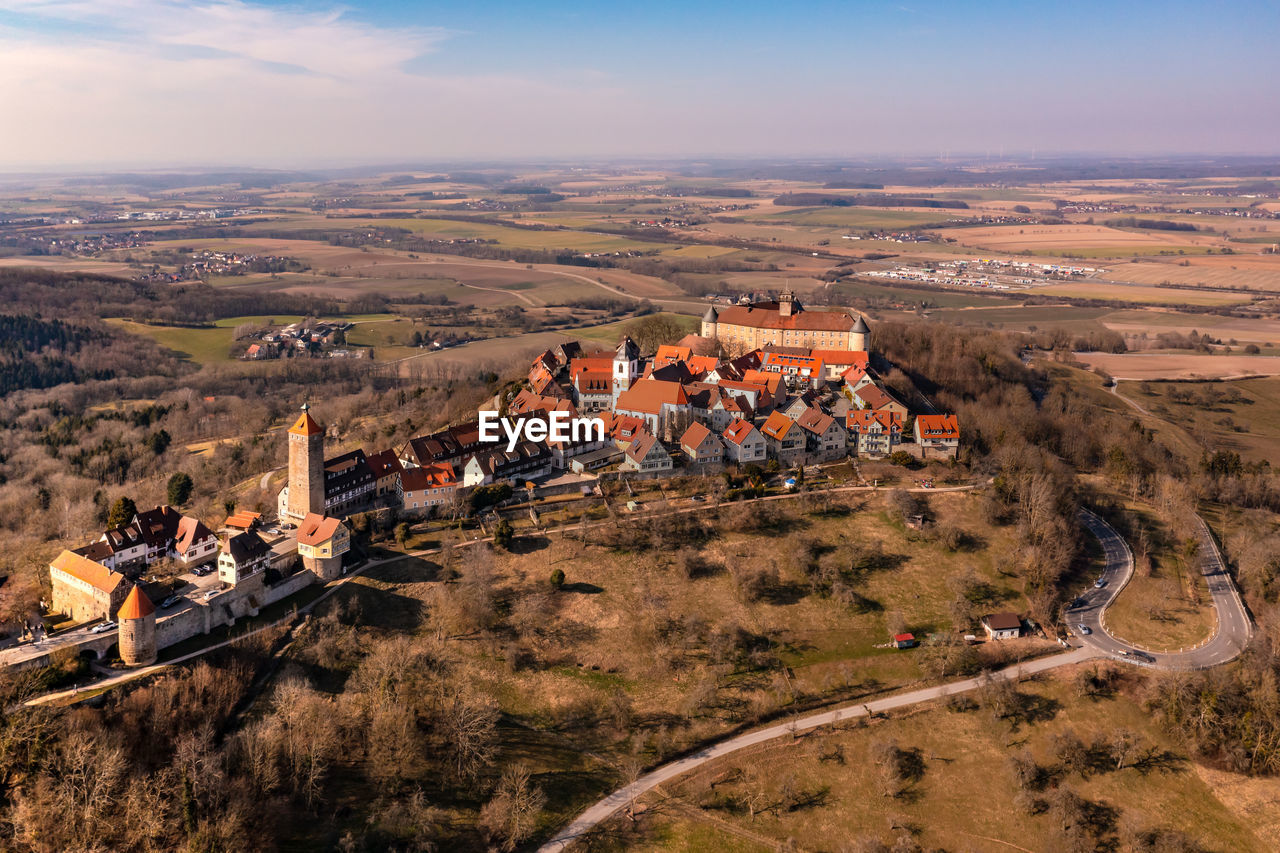 Aerial view of the historic buildings of the old town of waldenburg in hohenloher land