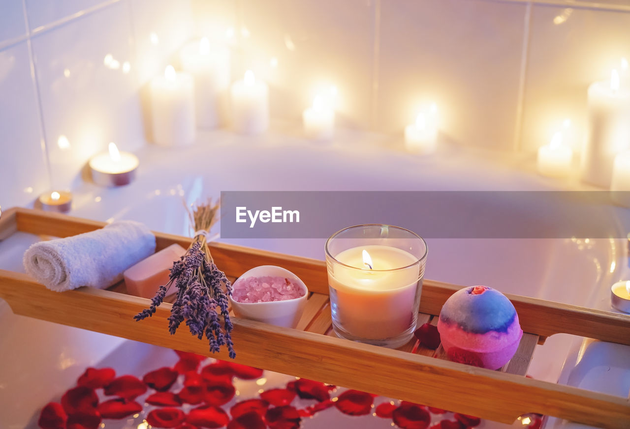 Spiritual aura cleansing flower bath for full moon ritual with bath bomb, candles, aroma salt,