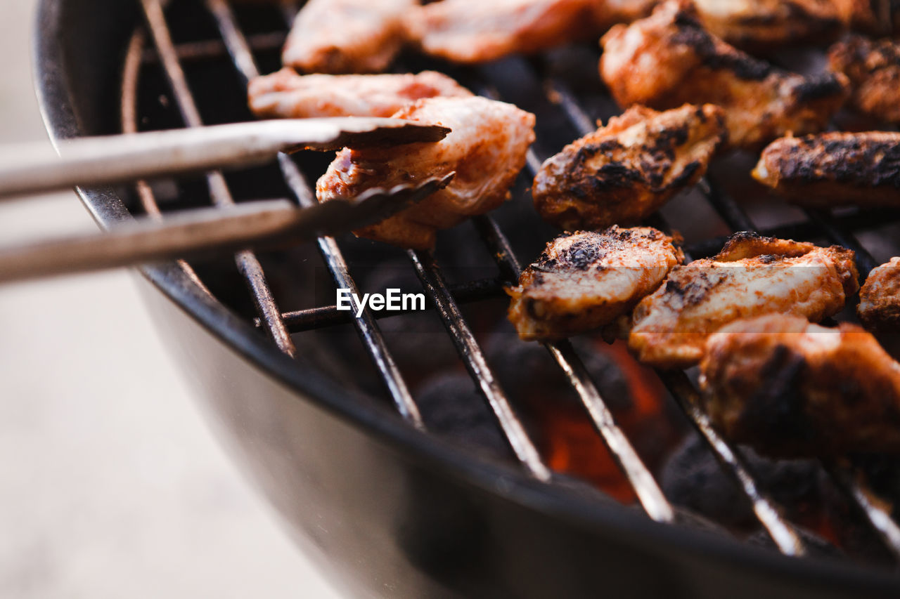 HIGH ANGLE VIEW OF MEAT ON BARBECUE