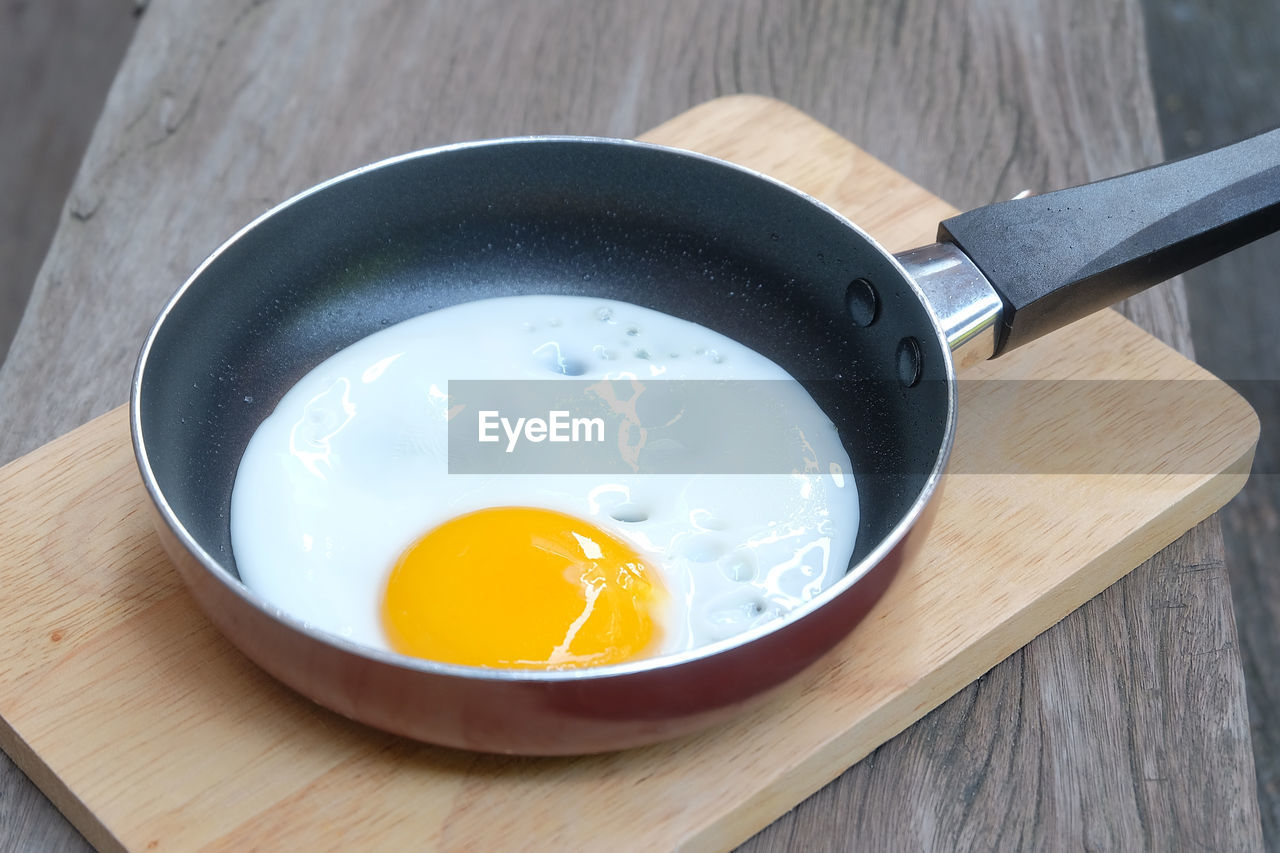 High angle view of egg in frying pan