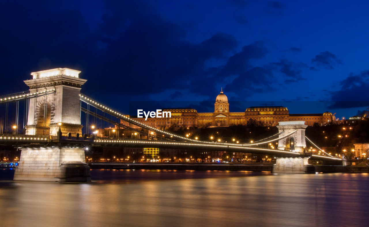 Royal palace or the buda castle and the chain bridge after sunset idanube river in budapest hungary.