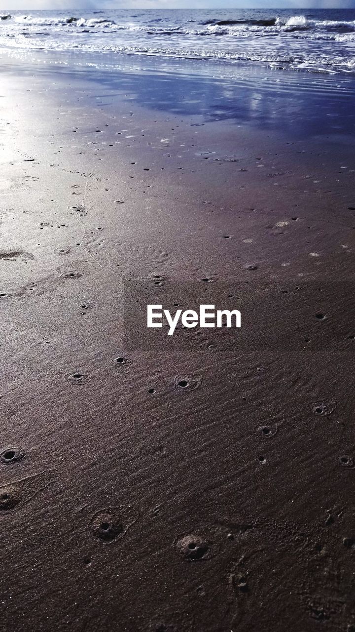 High angle view of footprints on wet beach