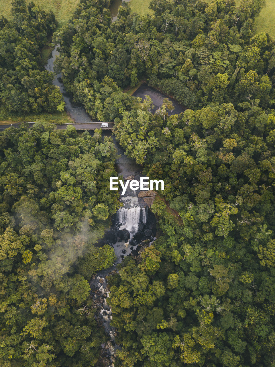 Aerial shot of zillie falls sourranded by lush green forest while a van driving through a bridge crossing in tropical queensland, australia