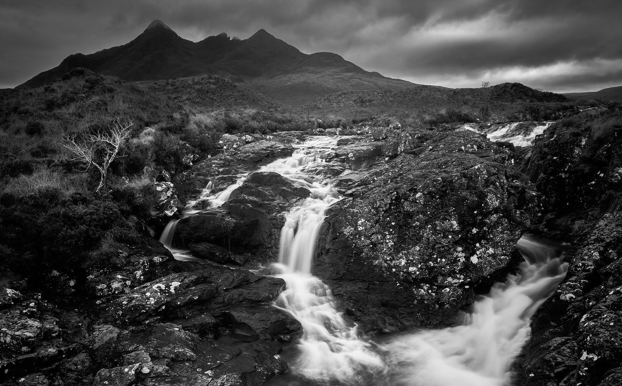 Scenic view of waterfall against sky