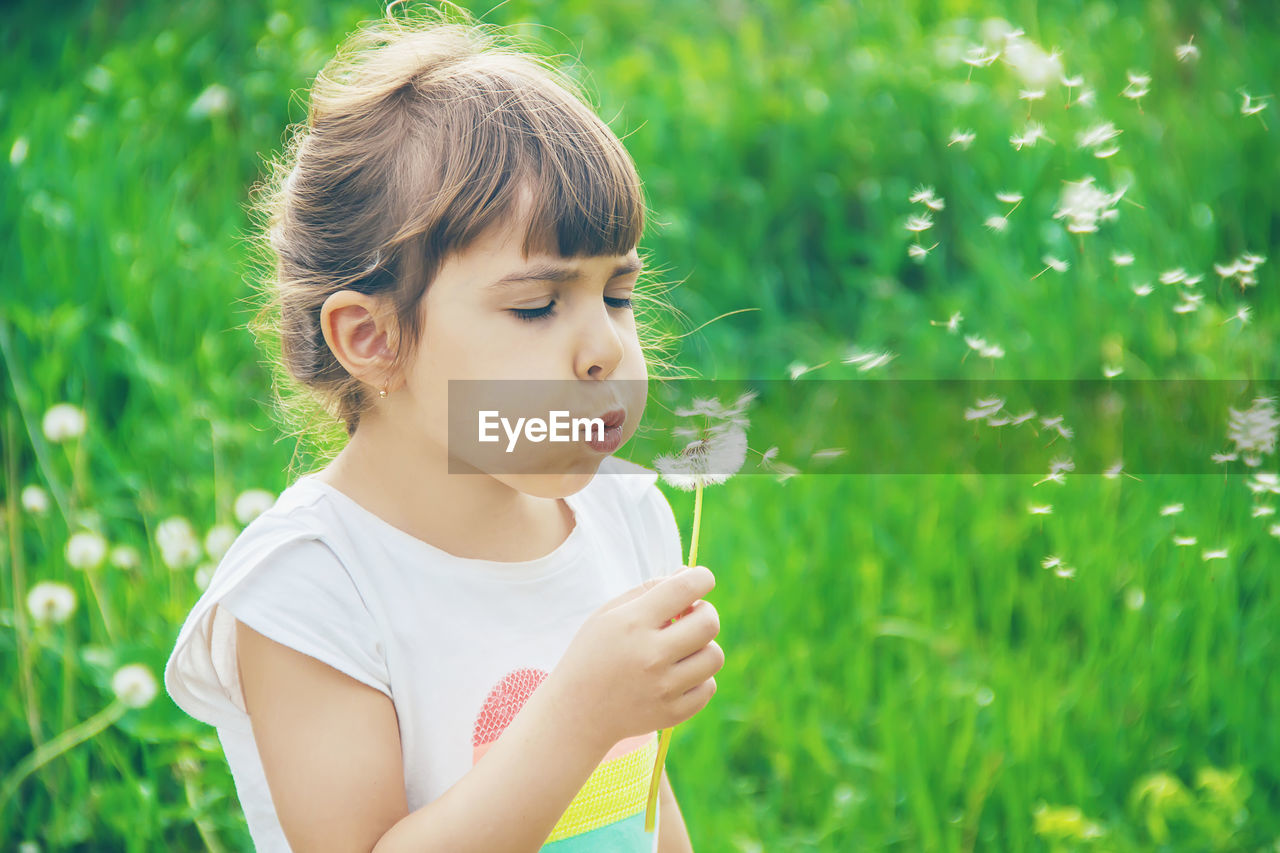 close-up of boy blowing plants on field