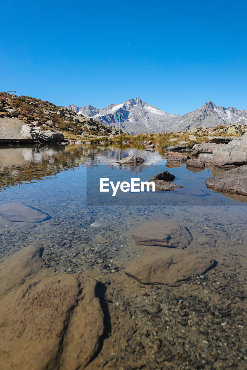 Scenic view of snowcapped mountains against blue sky