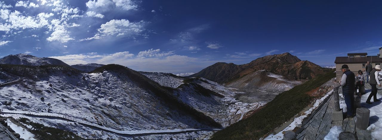 Panoramic shot of snow covered mountains against sky