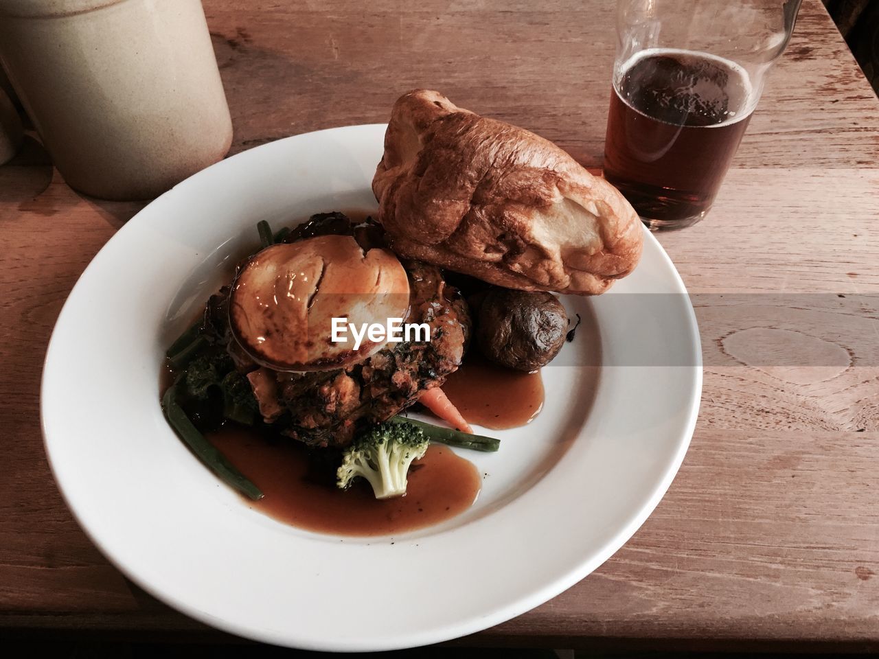 High angle view of food and drink on table