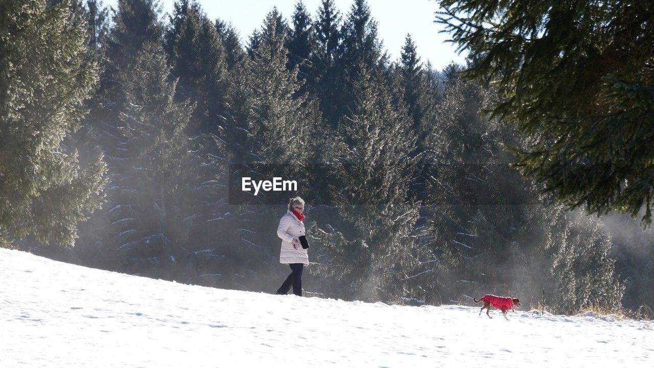 rear view of woman walking on snow covered mountain