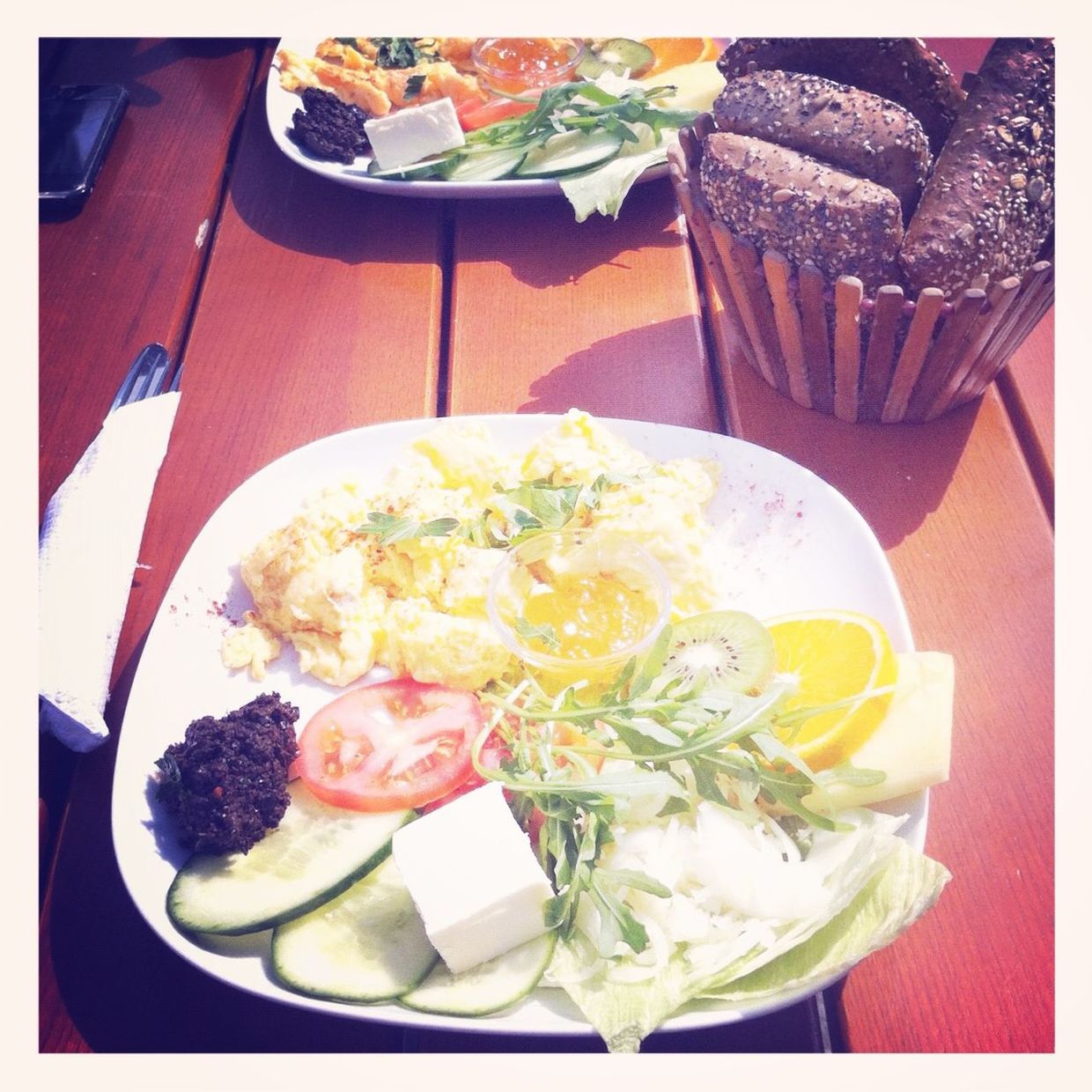 Breakfast served in plate on table