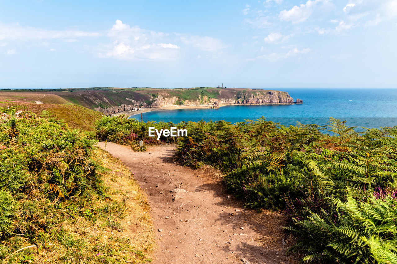 Panoramic view over cap frehel and fort la latte, brittany, france. atlantic ocean french coast