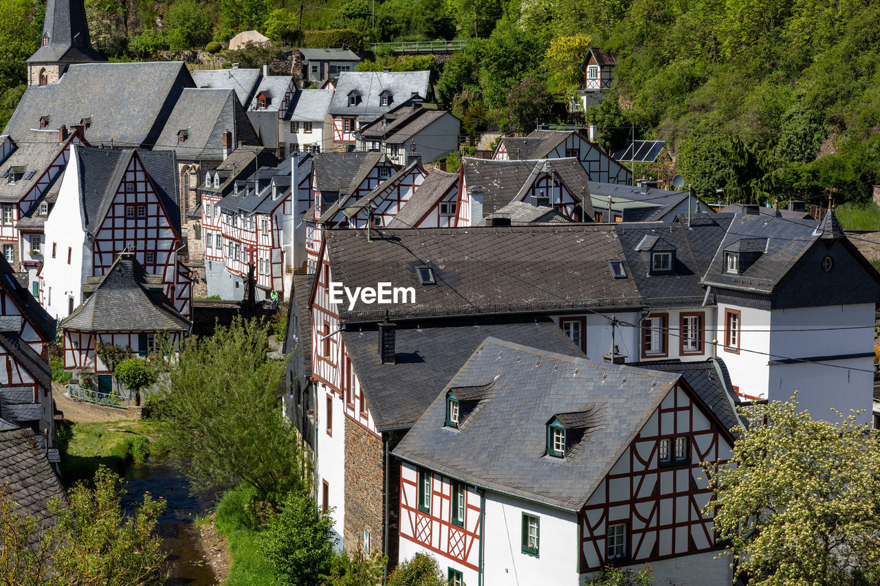 Scenic view on half-timbered houses in the village monreal, eifel, germany