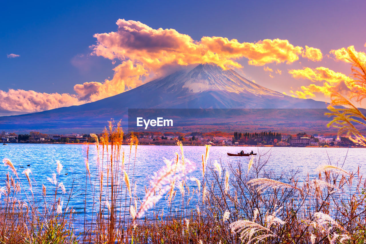 Scenic view of lake and mt fuji against cloudy sky