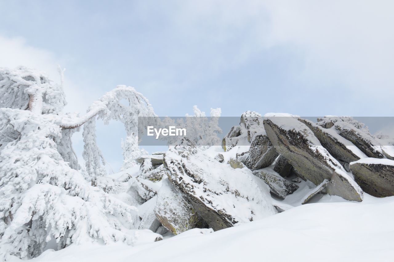 Low angle view of snowcapped mountain against sky