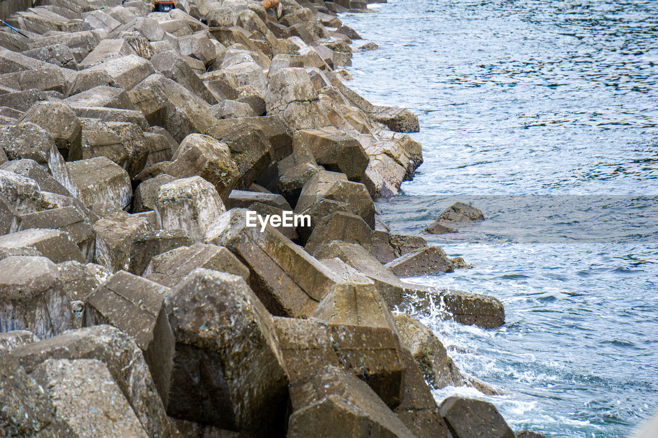 HIGH ANGLE VIEW OF ROCKS ON SEA