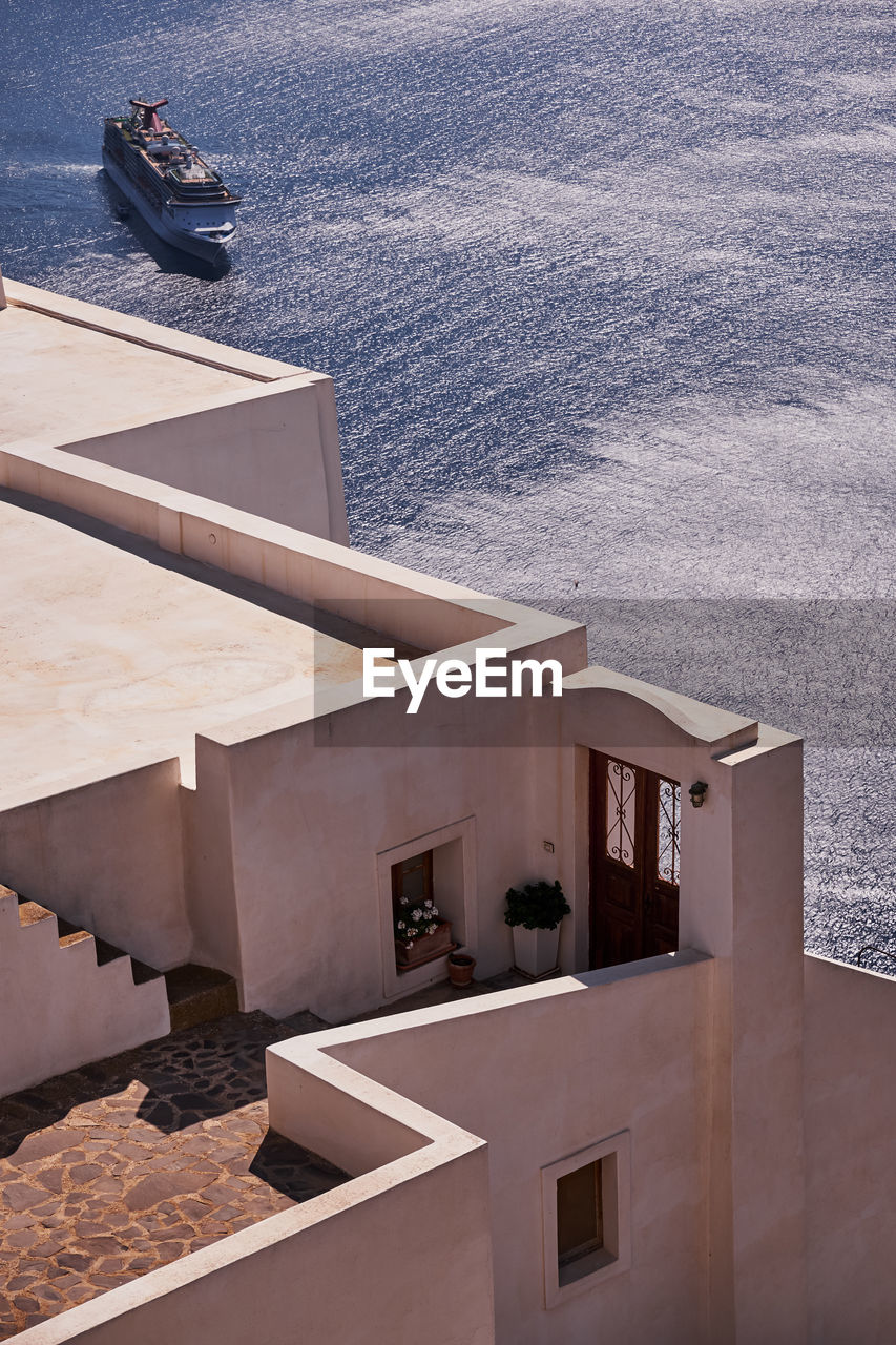 White house with oceanview - stairs in imerovigli village - santorini, greece - architecture, clean