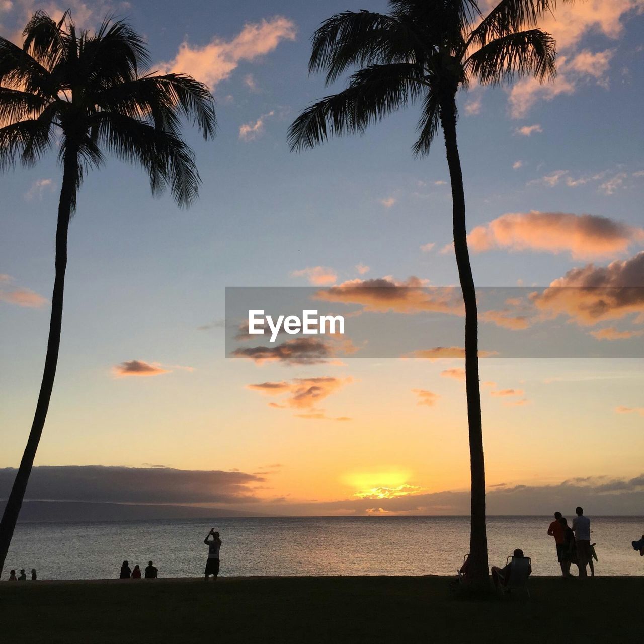 People on beach against sky during sunset