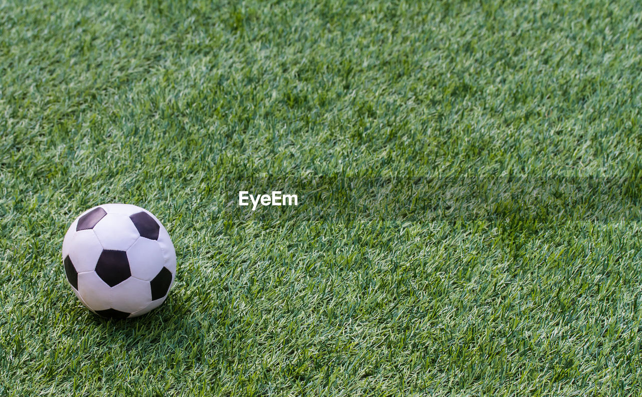 HIGH ANGLE VIEW OF SOCCER BALL ON GRASS