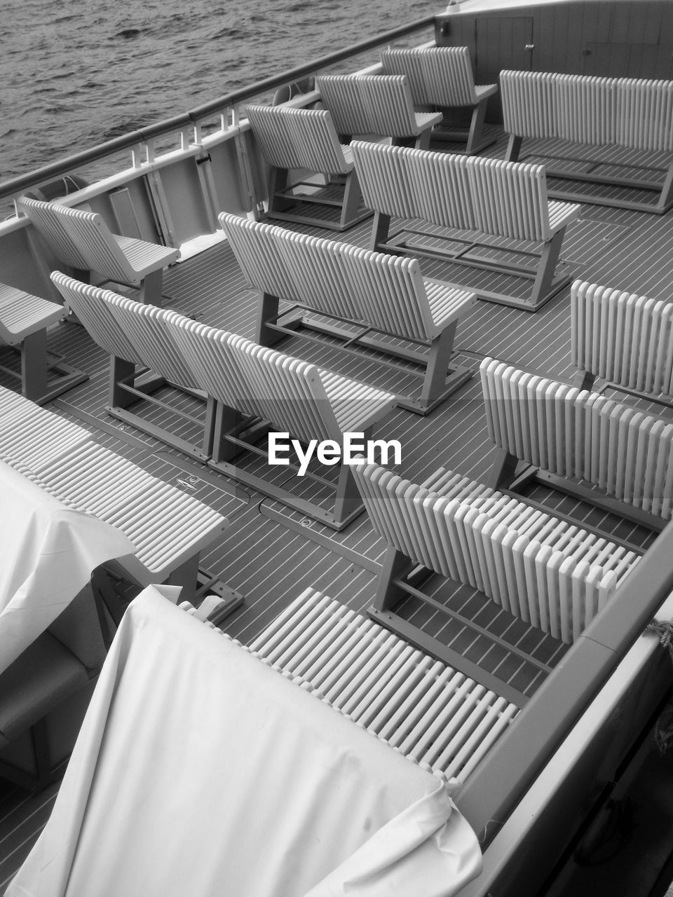 High angle view of seats in boat