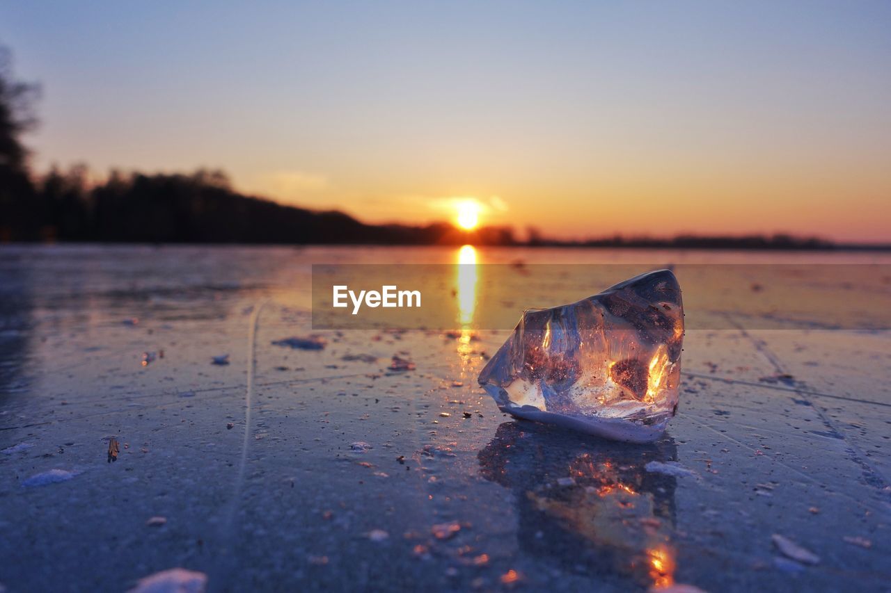 Close-up of leaf on water against sky during sunset