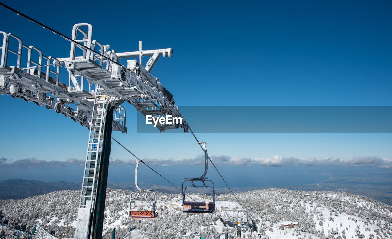 mountain, snow, sky, cold temperature, nature, winter, skiing, blue, scenics - nature, mountain range, environment, landscape, beauty in nature, travel, architecture, travel destinations, transportation, clear sky, cable car, day, outdoors, piste, built structure, sunny, holiday, tranquility, vacation, tranquil scene, snowcapped mountain, tourism, non-urban scene