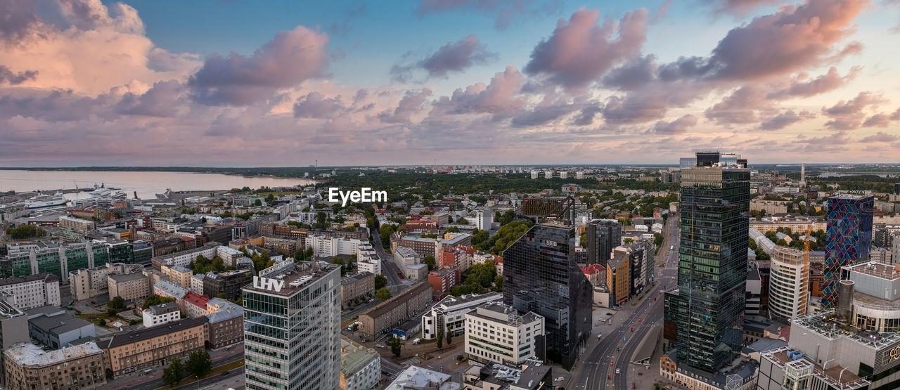 Aerial view of the tallinn business center in the evening. beautiful business district