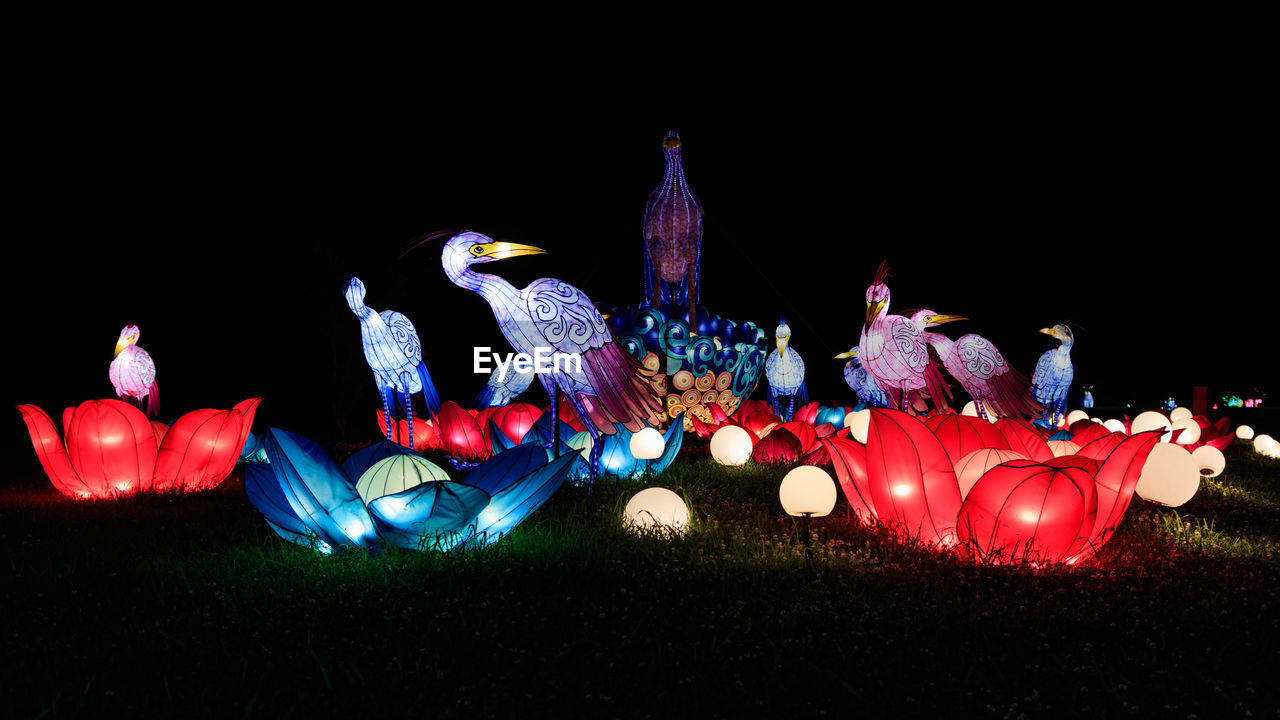 MULTI COLORED TOYS ON FIELD AT NIGHT