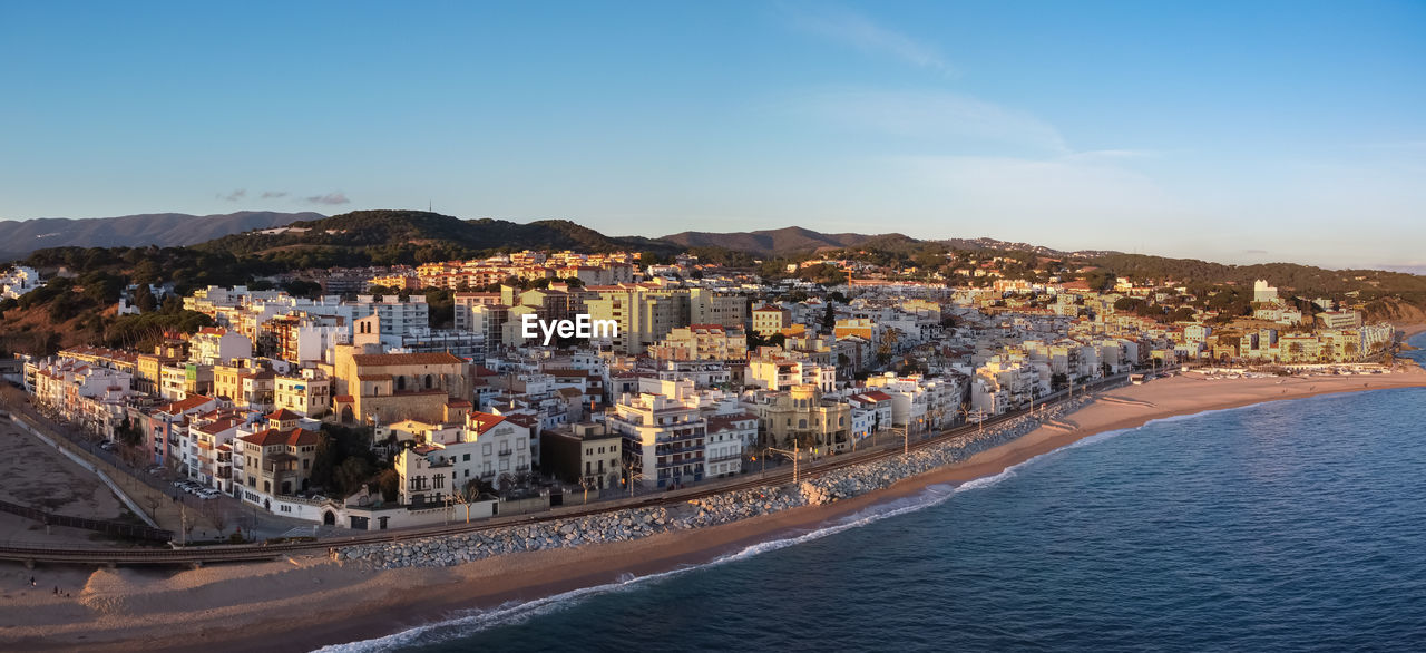 Aerial panoramic view of sant pol de mar village in el maresme coast, catalonia