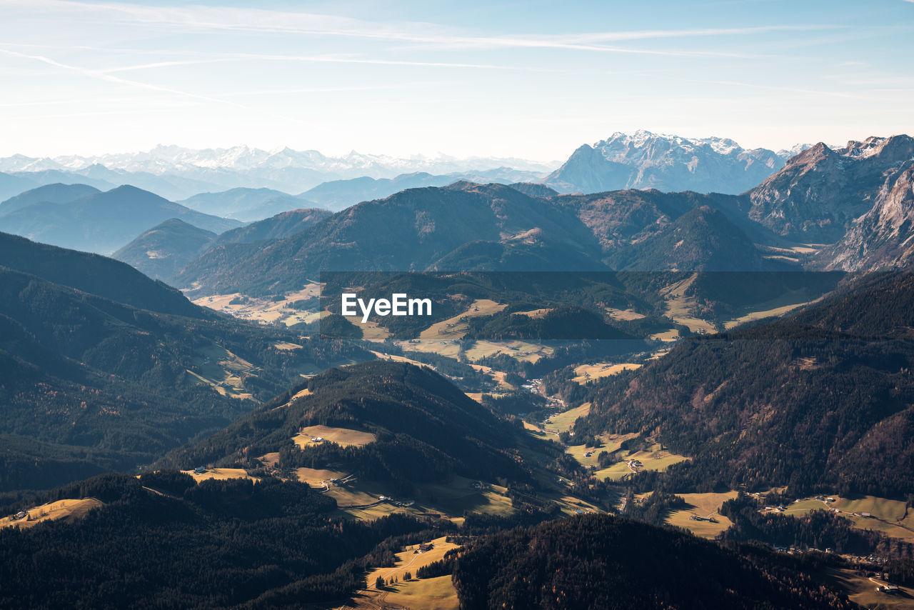 Panoramic view at layers of hills and mountains in the austrian alps near filzmoos, austria.