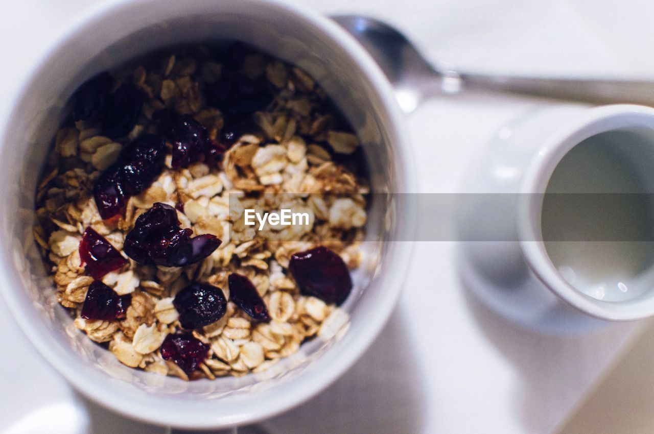 Directly above shot of muesli in bowl on table