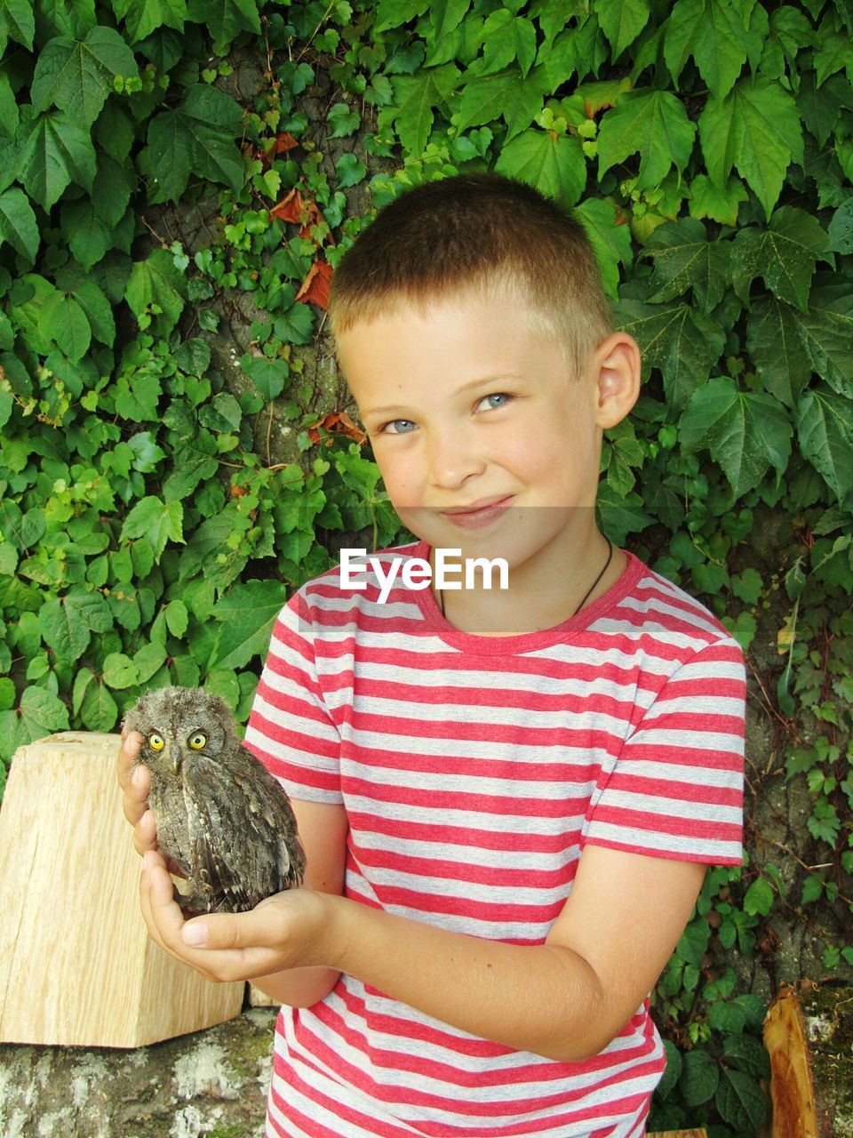 Portrait of smiling boy holding owl against plants