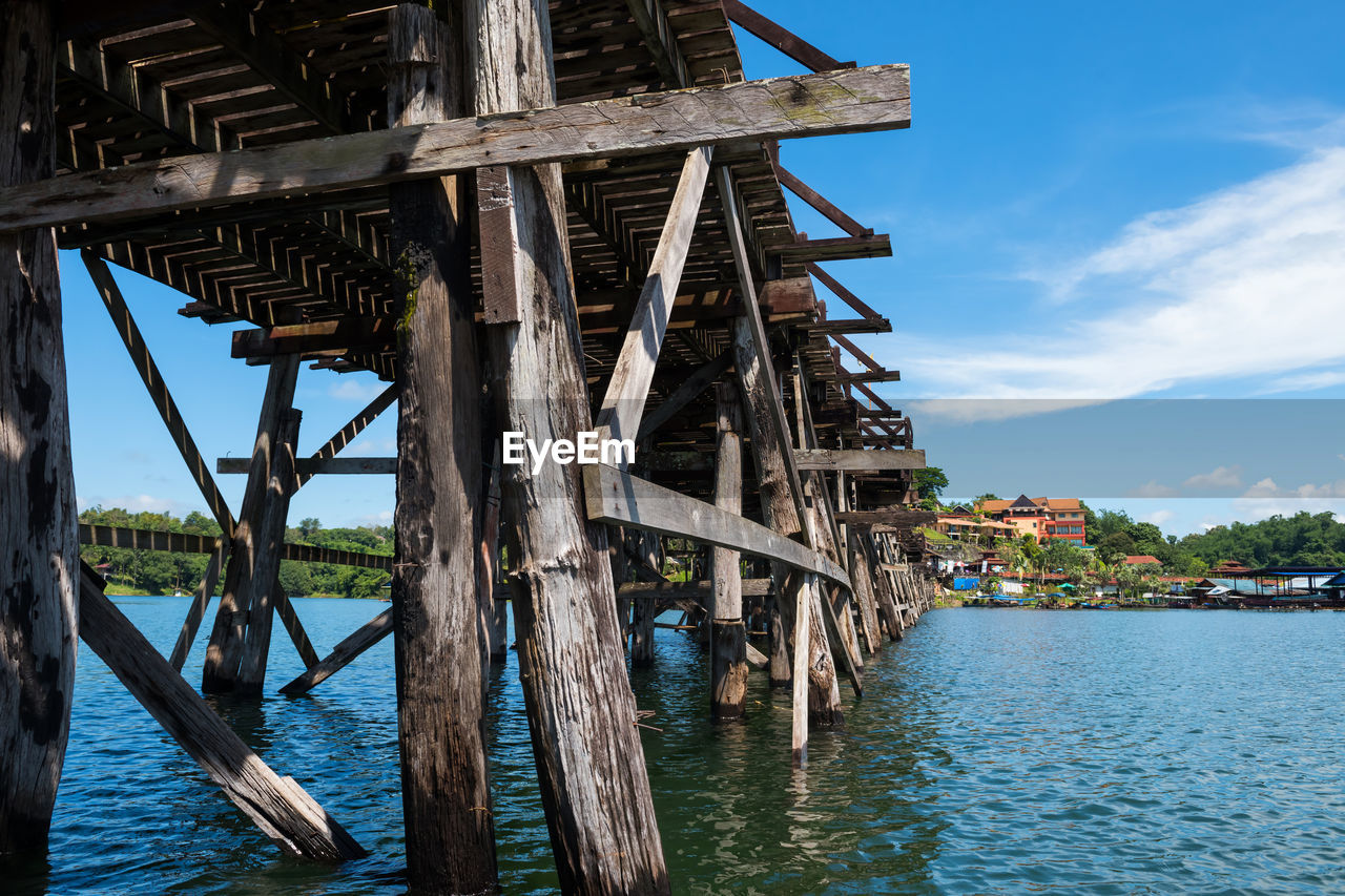 Mon wooden bridge above songaria river sangkhla buri district, kanchanaburi, thailand