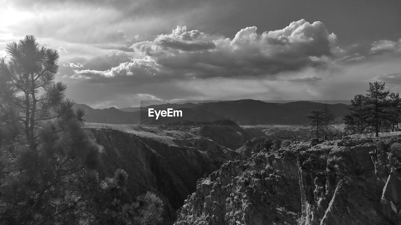 PANORAMIC SHOT OF TREES AND MOUNTAINS AGAINST SKY