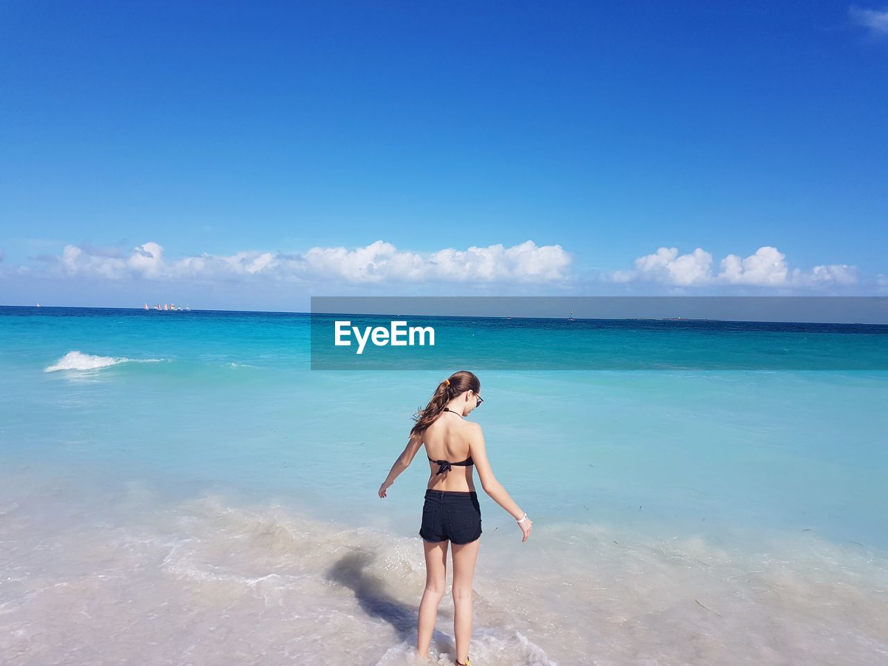 Rear view of young woman standing on beach