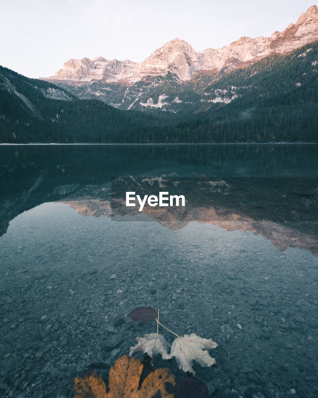 Scenic view of lake by snowcapped mountains against sky