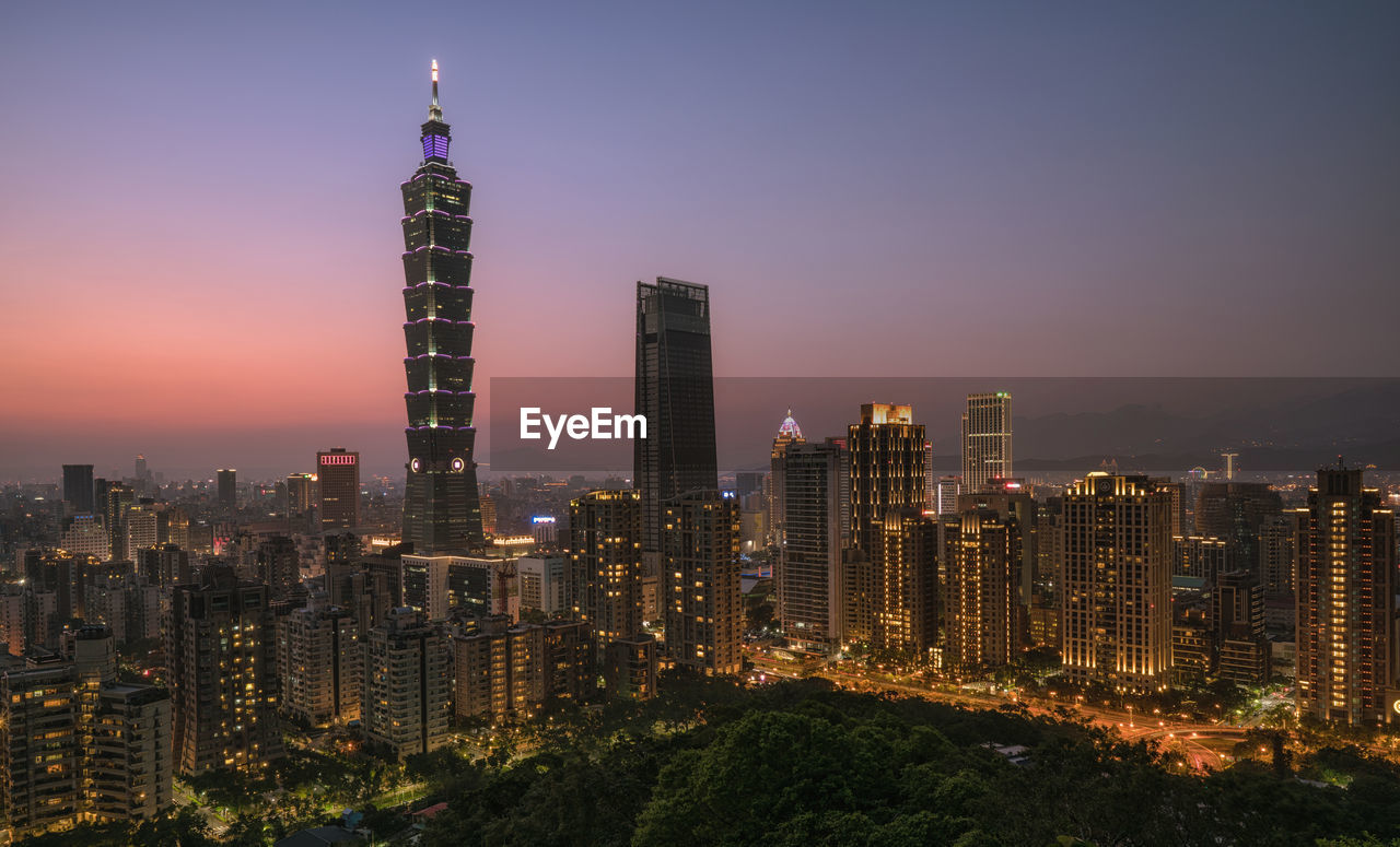 Skyscrapers lit up at night