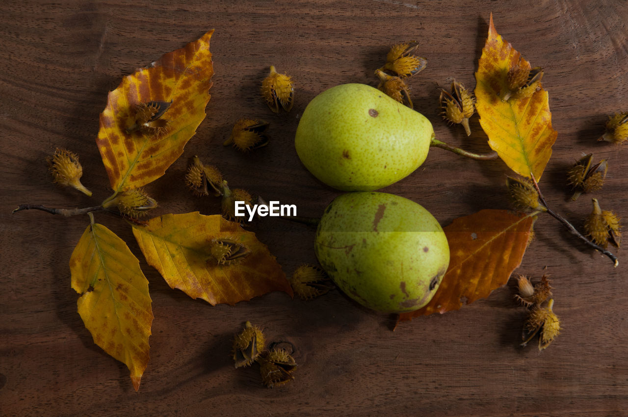 Close-up of pears on table