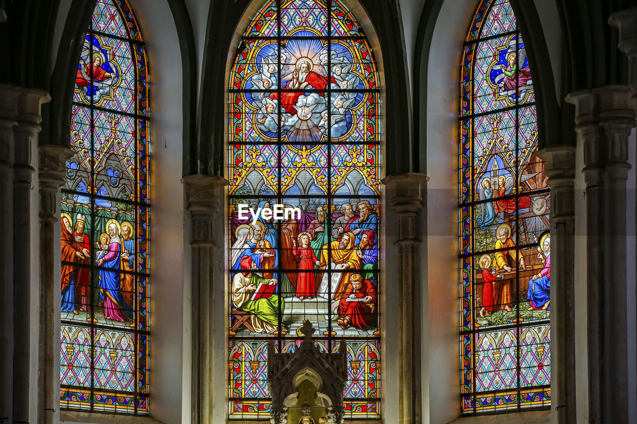 stained glass, glass, window, architecture, religion, place of worship, belief, spirituality, built structure, building, indoors, multi colored, catholicism, no people, arch, worship, creativity, travel destinations, history, the past, pattern, human representation