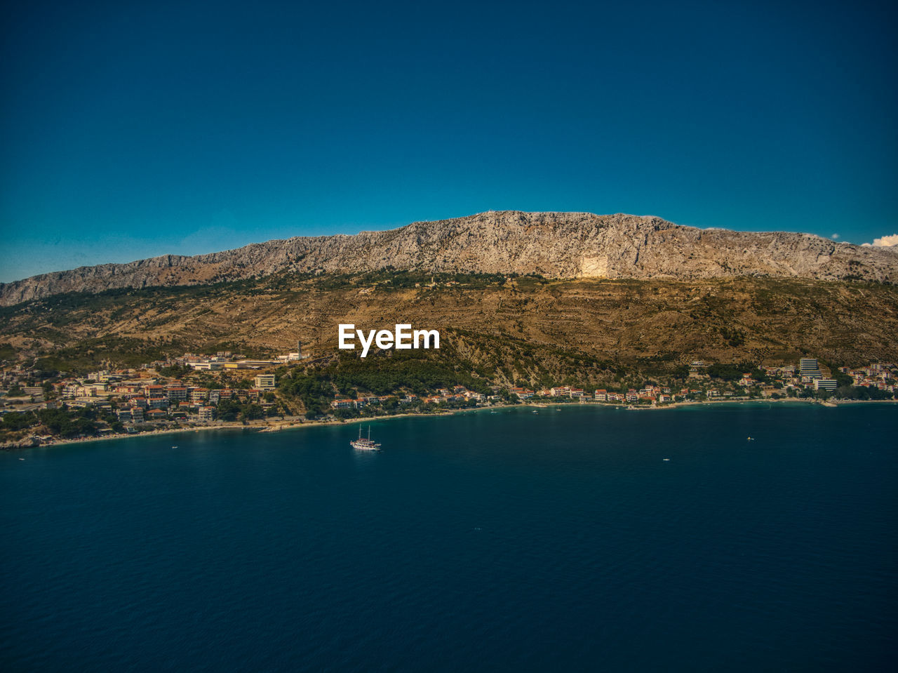 Scenic view of sea against clear blue sky