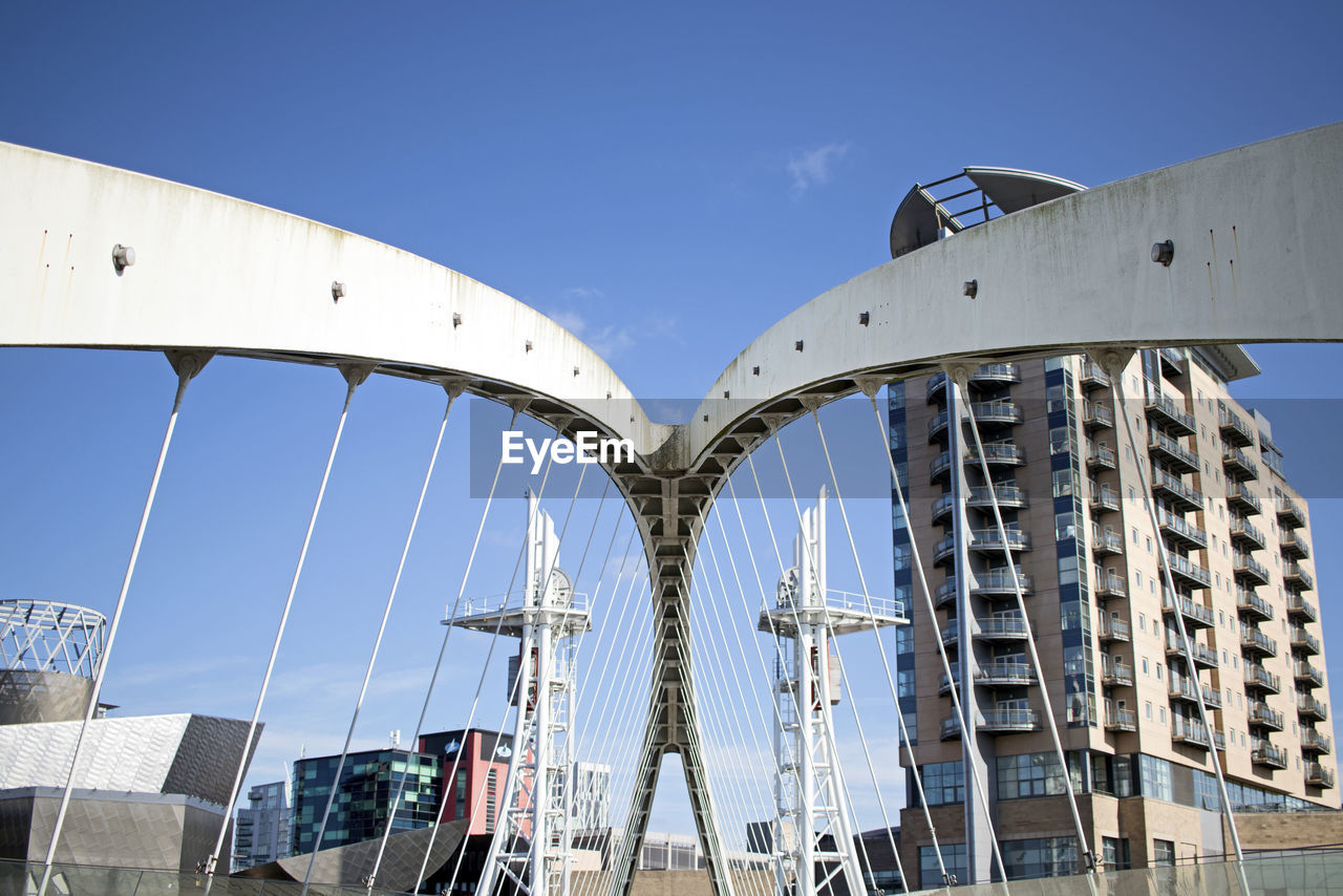 LOW ANGLE VIEW OF BRIDGE IN CITY