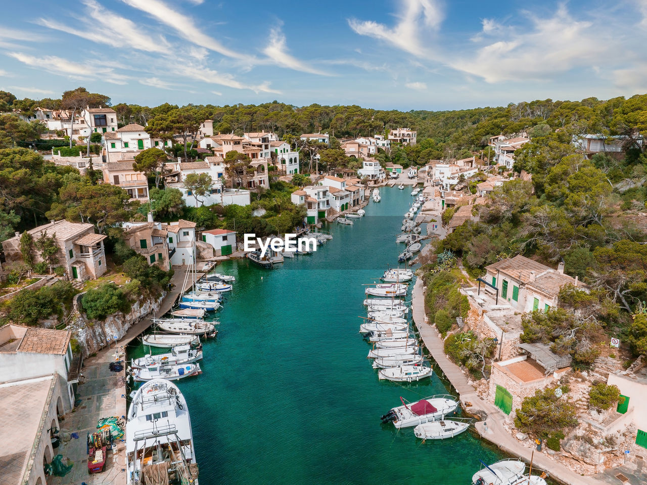 Aerial view of the fishing village in mallorca, spain.