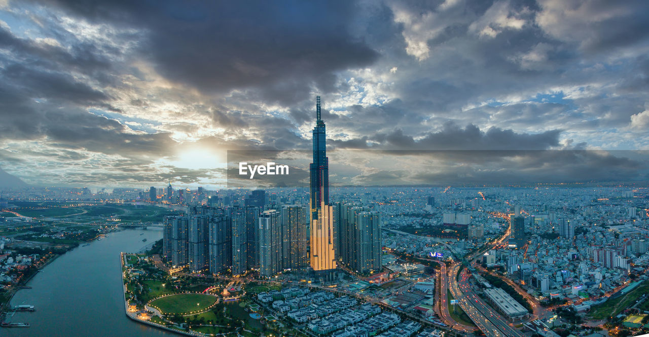 Aerial view of ho chi minh city under twilight sky