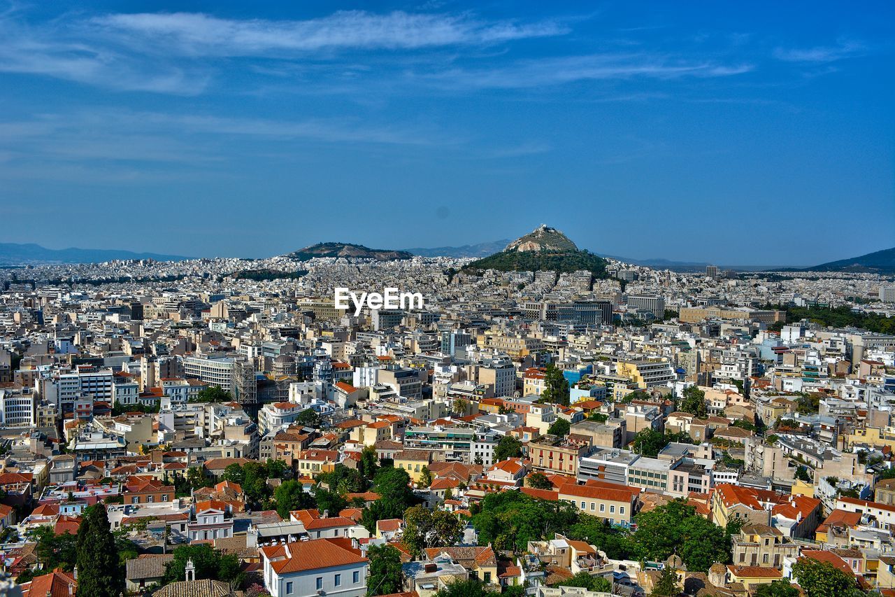 High angle shot of townscape against sky