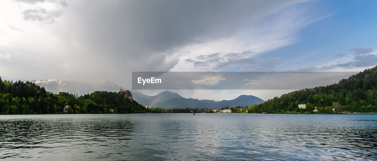 Scenic view of lake by mountains against sky