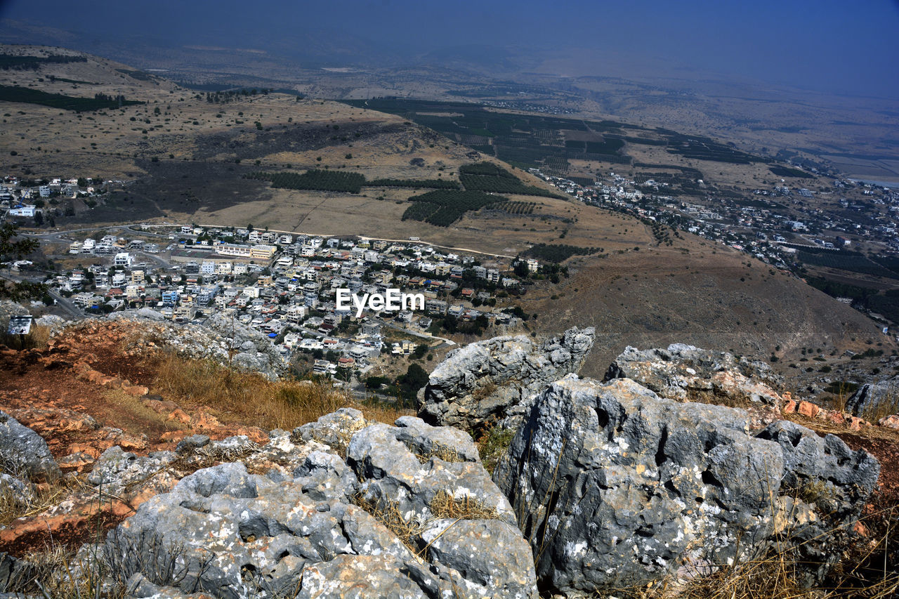 High angle view of buildings against sky