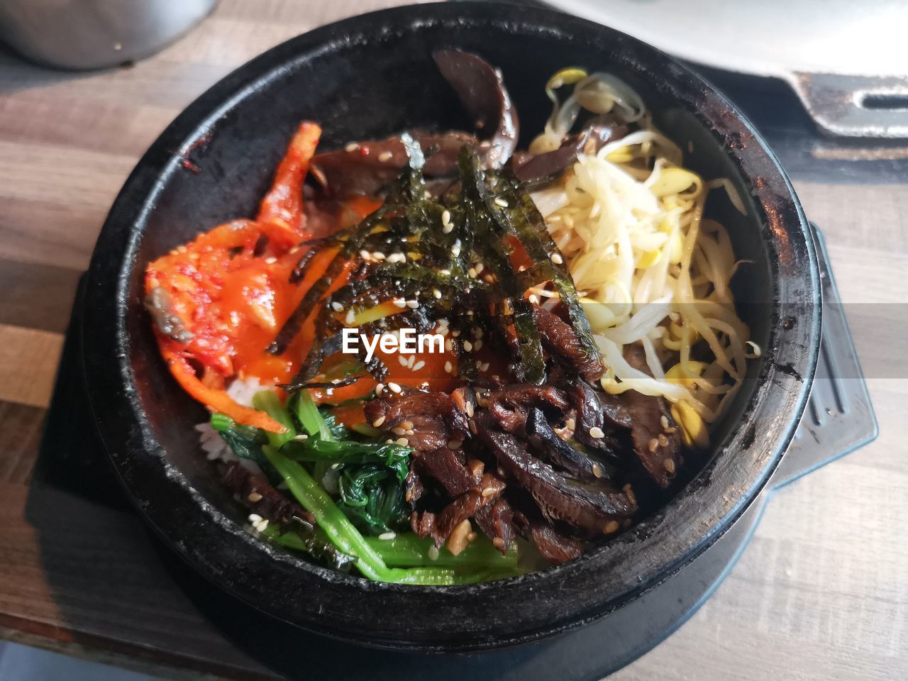 High angle view of noodles in bowl on table