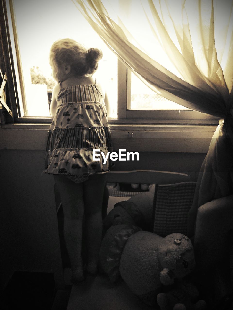 Rear view of girl looking through window at home