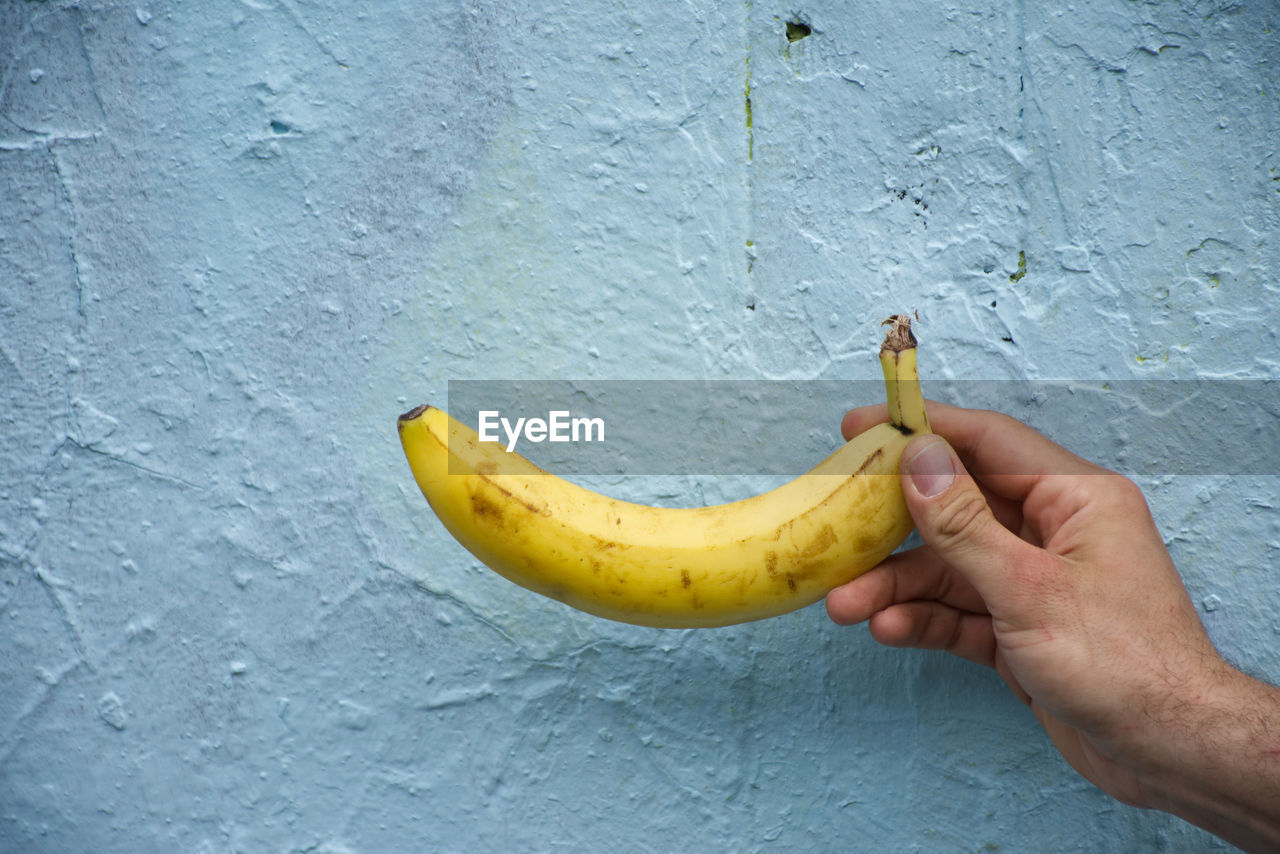 Midsection of person holding fruit against wall