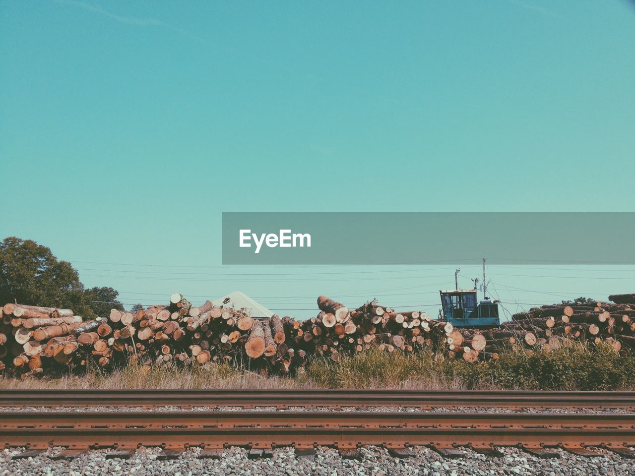 Scenic view of logs against clear sky